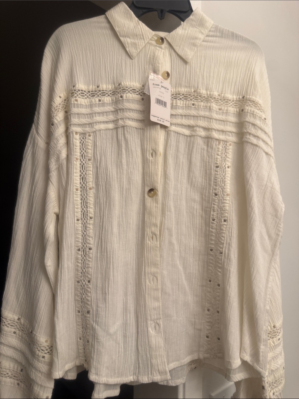 Free People Cream Lace-Inset Button Down Shirt